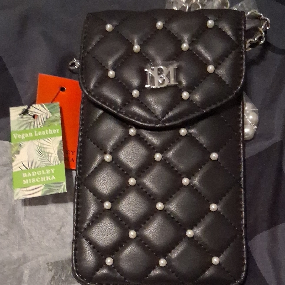 Badgley Mischka Black Quilted Crossbody with Pearl Details